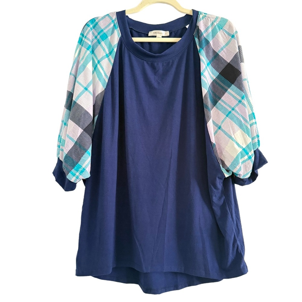 🌻 Emerald Navy Top with Plaid Teal and Light Blue Puff Sleeves - Picture 4 of 9